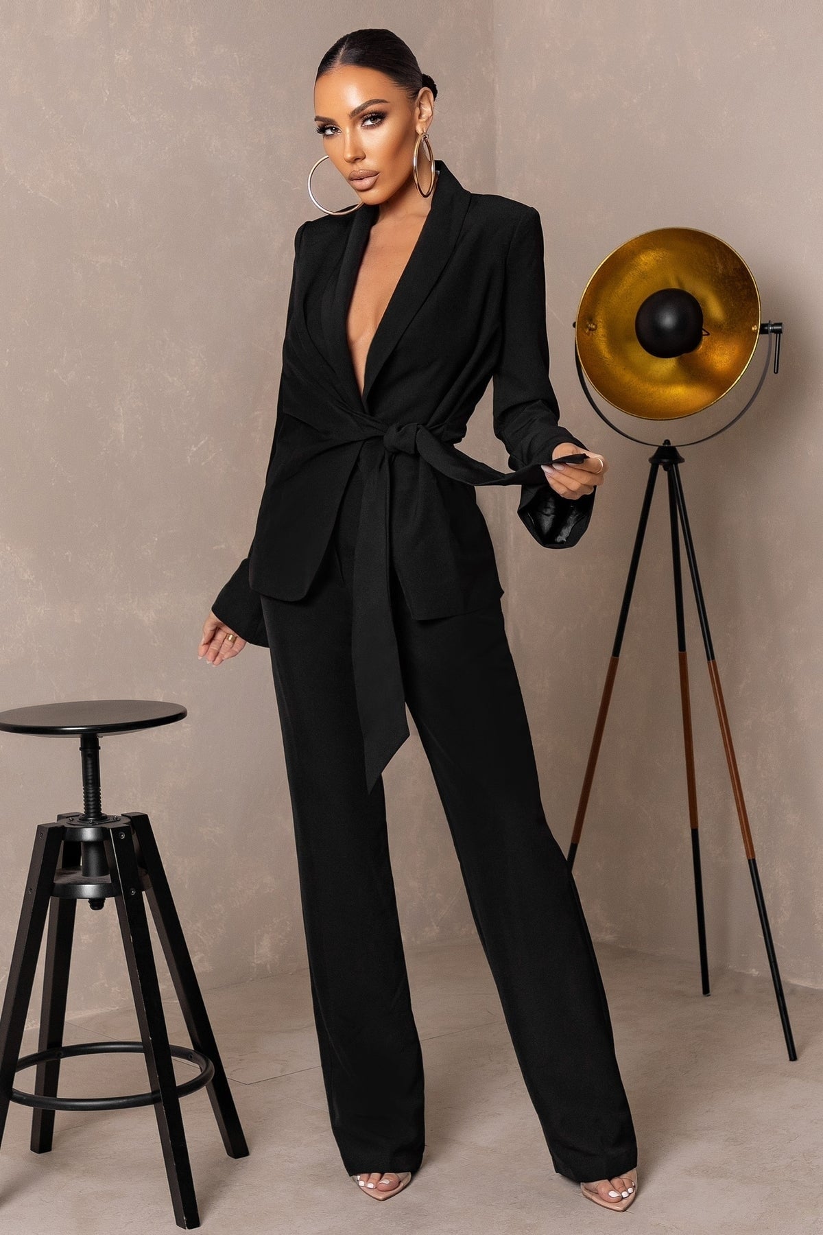 Trajes de pantalón negro para mujer, estilo celebridad, para fiesta de noche, blazer, top de encaje, 2 piezas 