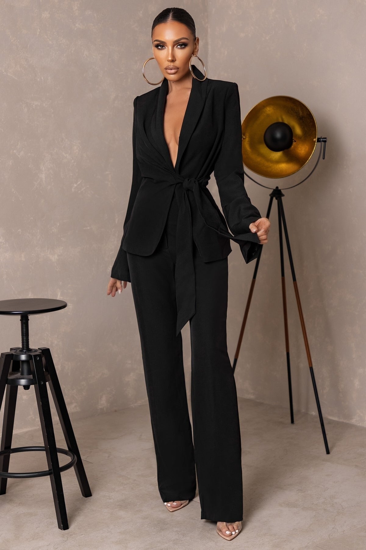 Trajes de pantalón negro para mujer, estilo celebridad, para fiesta de noche, blazer, top de encaje, 2 piezas 
