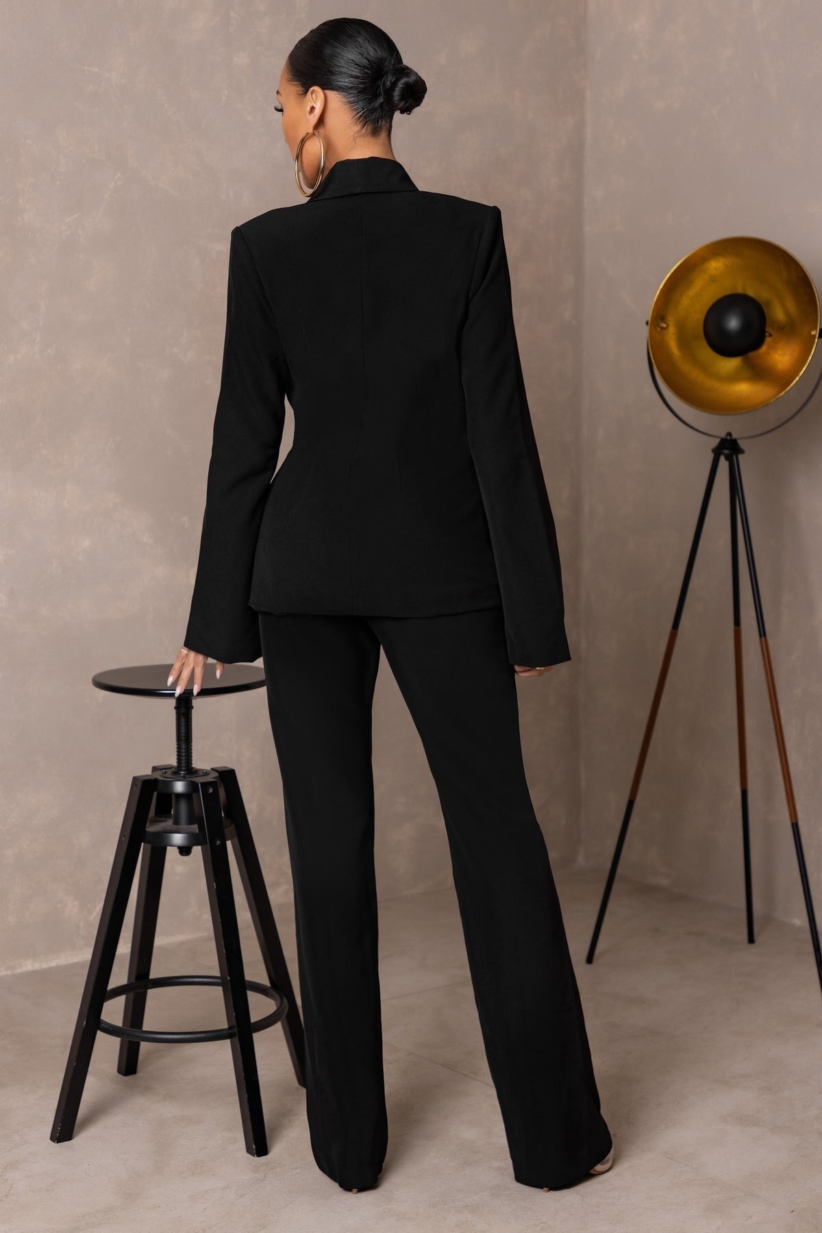 Trajes de pantalón negro para mujer, estilo celebridad, para fiesta de noche, blazer, top de encaje, 2 piezas 