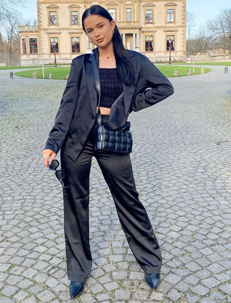 Black Women Pants Suits For Wedding Leisure Satin Silk Mother of the Bride Suit Evening Party Tuxedos Formal Wear 2 Pcs