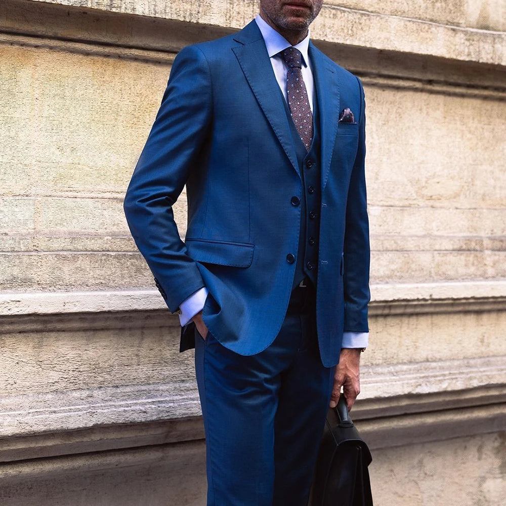 Costume 3 pièces bleu tendance pour homme, costume de travail, simple boutonnage, revers cranté, longueur standard, formel, veste, pantalon, gilet, blazer