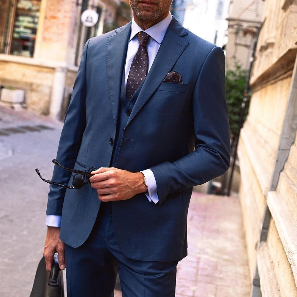 Trajes de oficina para hombre, de moda, azules, para negocios, trabajo, de un solo pecho, solapa con muesca, largo regular, formales, de 3 piezas, chaqueta, pantalón, chaleco, blazer.