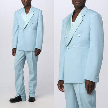 Blue Men's Suit 2 Pieces Blazer Pants One Button Peaked Lapel Satin Business Formal Work Wedding Groom Costume Homme