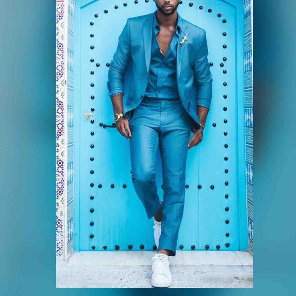 Trajes azules para hombre, corte entallado, dos piezas, para playa, padrinos de boda, esmoquin, traje formal para graduación (chaqueta y pantalón) 