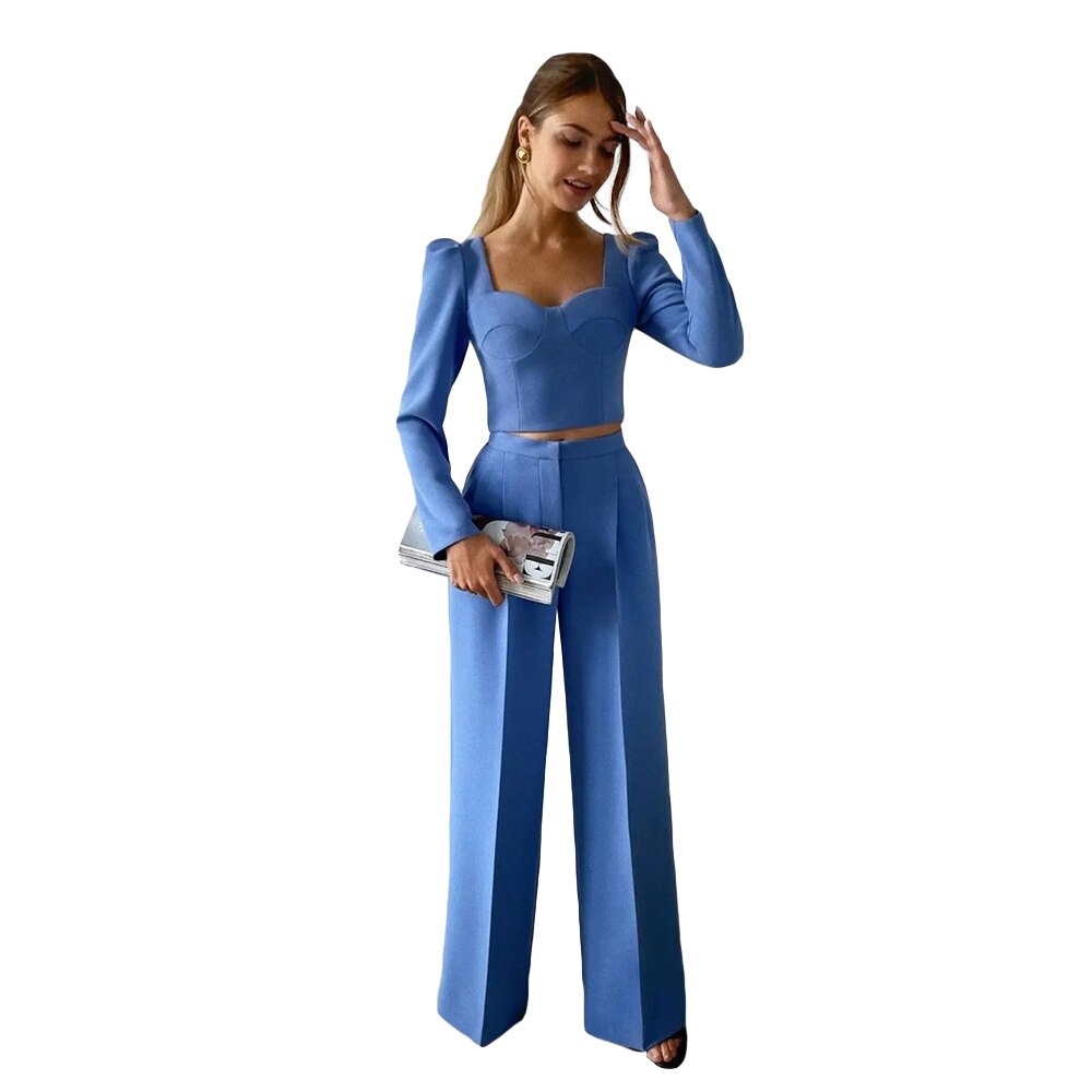 Esmoquin azul para mujer, pantalones holgados para madre de la novia, trajes de pierna ancha para fiesta de graduación, traje de boda para invitados de 2 piezas 