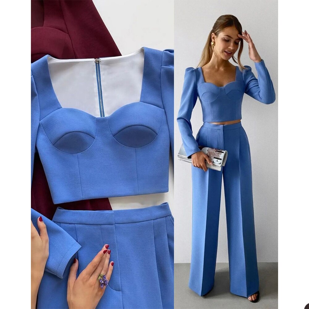 Esmoquin azul para mujer, pantalones holgados para madre de la novia, trajes de pierna ancha para fiesta de graduación, traje de boda para invitados de 2 piezas 