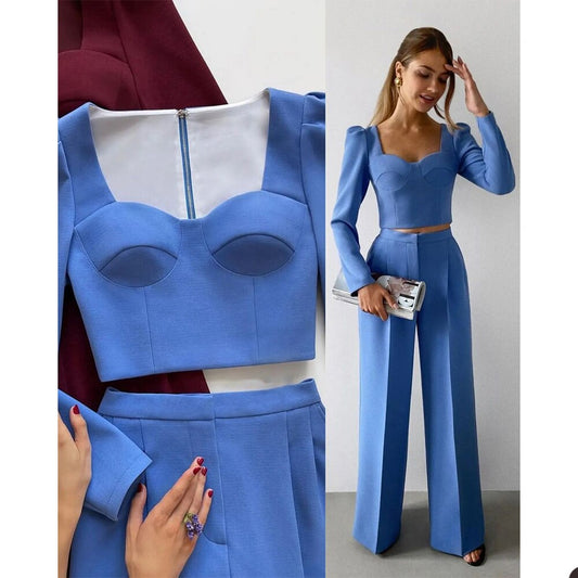 Blue Women Tuxedos Loose Mother of the Bride Pants Suits Wide Leg Prom Evening Guest Wedding Outfit 2 Pieces