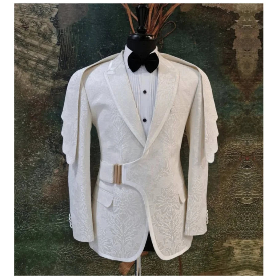 Fashion Costume Homme Pattern Prom Men Suits Slim fit with Buckle Peaked Lapel Wedding Groom Tuxedo Tailored Blazer 2 Pieces