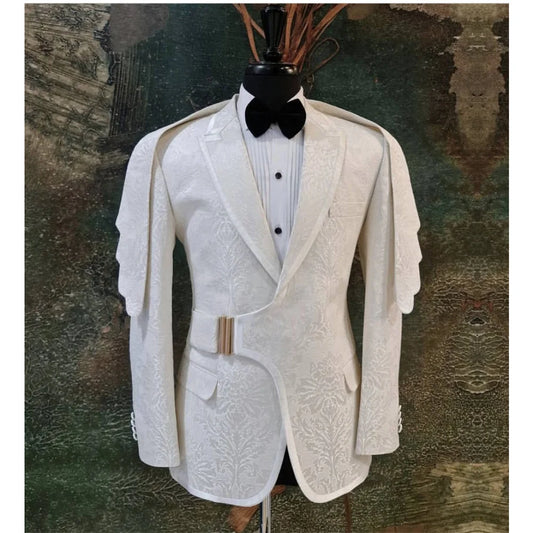 Fashion Costume Homme Pattern Prom Men Suits Slim fit with Buckle Peaked Lapel Wedding Groom Tuxedo Tailored Blazer 2 Pieces