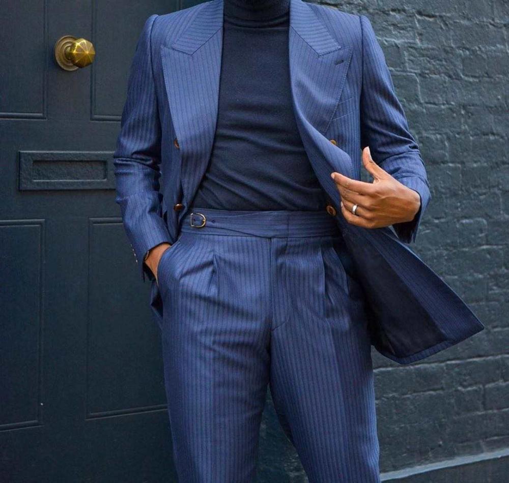 Trajes de hombre a rayas azules para novio, esmoquin ajustado, blazer de dos piezas, chaqueta y pantalón, trajes de fiesta a medida para hombre 