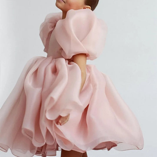 Girls White Puff Sleeve Organza Dress Twirl Skirt
