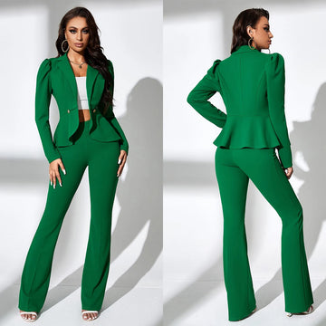 Fashion Green 2 Pieces Women Suits Dresses Elegant One Button Slim Fit Jacket Flare Pants Casual Evening Prom Gown