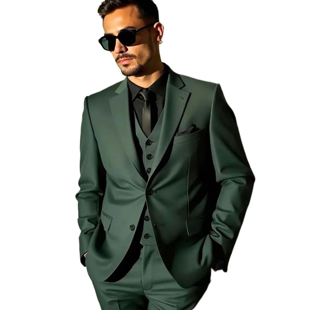 Trajes de hombre verdes de moda, blazer elegante, trajes de padrino de boda, personalizados, de un solo pecho, chaqueta de 3 piezas, pantalones, chaleco, disfraz
