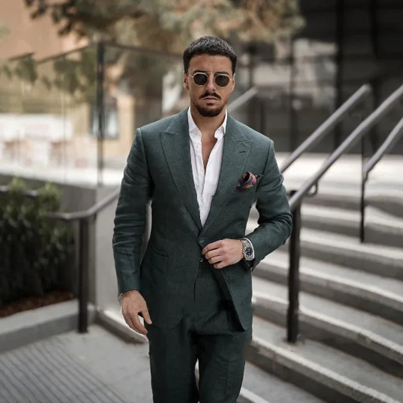 Fashion Green Suits for Men 2 Pieces Set (Jaket+Pants) Formal Casual Slim Fit Groom Wedding Blazer Formal Dinner Party Suits