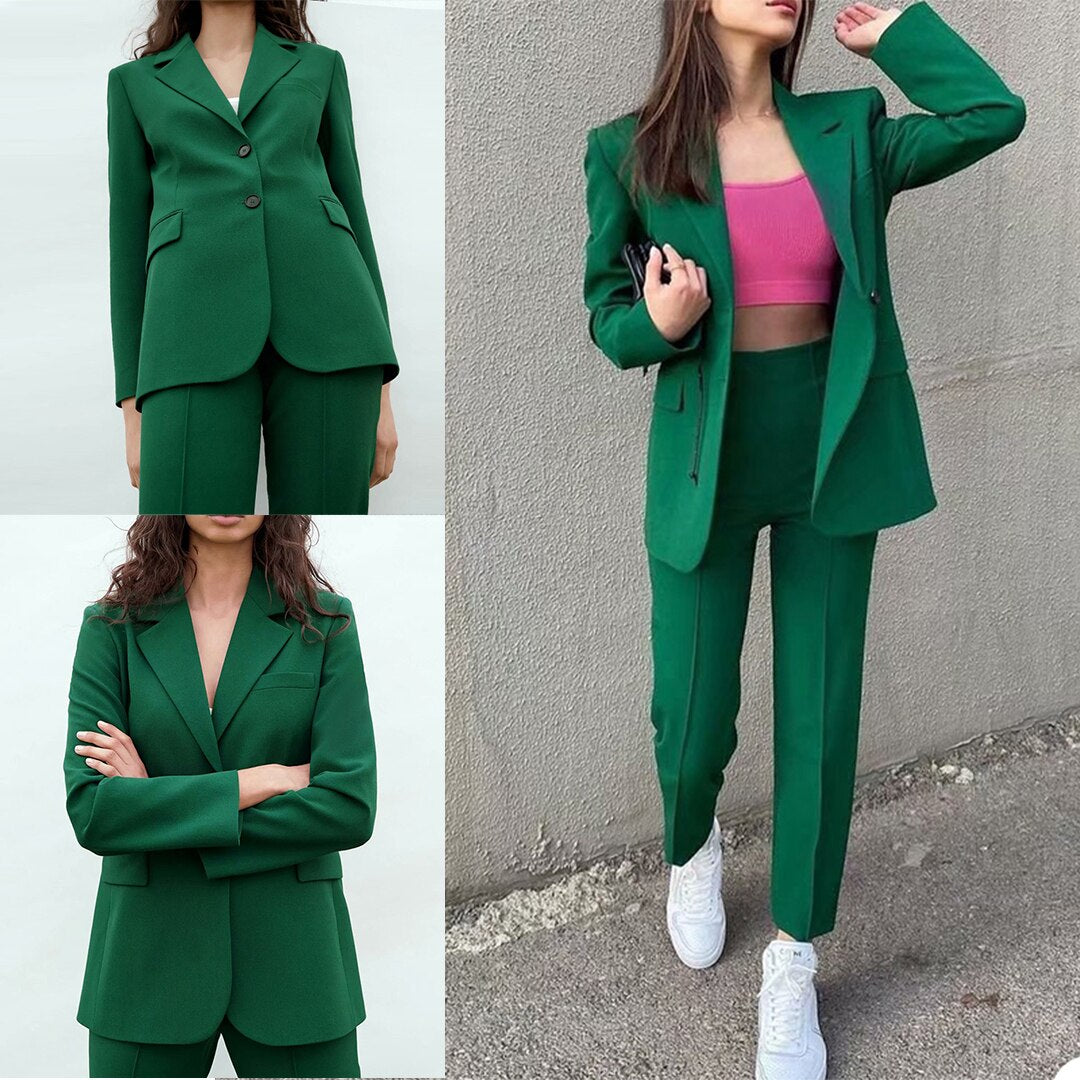 Trajes de abrigo verde para mujer, 2 piezas, corte entallado, formal, para celebridades, para fotografía, para fiesta, graduación 
