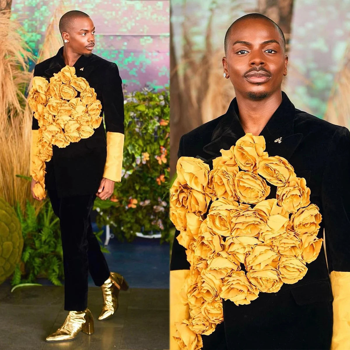 Esmoquin de novio dorado con flores hechas a mano y solapa chal para hombre, traje de pantalón para padrino de boda, corte entallado, abrigo de 2 piezas