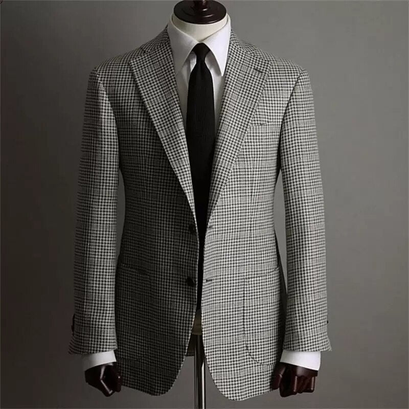 Houndstooth Men Suits Custom Made Men Jacket Two Button Tuxedos Peaked Lapel Blazer Business Casual Coat