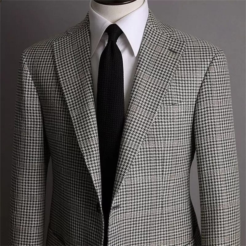 Houndstooth Men Suits Custom Made Men Jacket Two Button Tuxedos Peaked Lapel Blazer Business Casual Coat