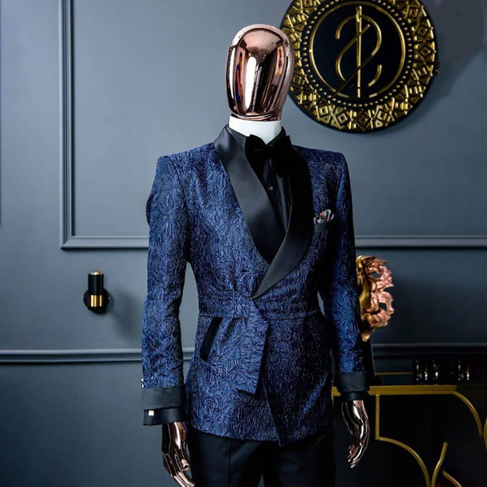 Trajes de boda para hombre en azul jacquard de moda, nuevos trajes de negocios a medida para novio, 2 piezas, pantalones lisos, ocasiones formales, fiestas, personalizados. 