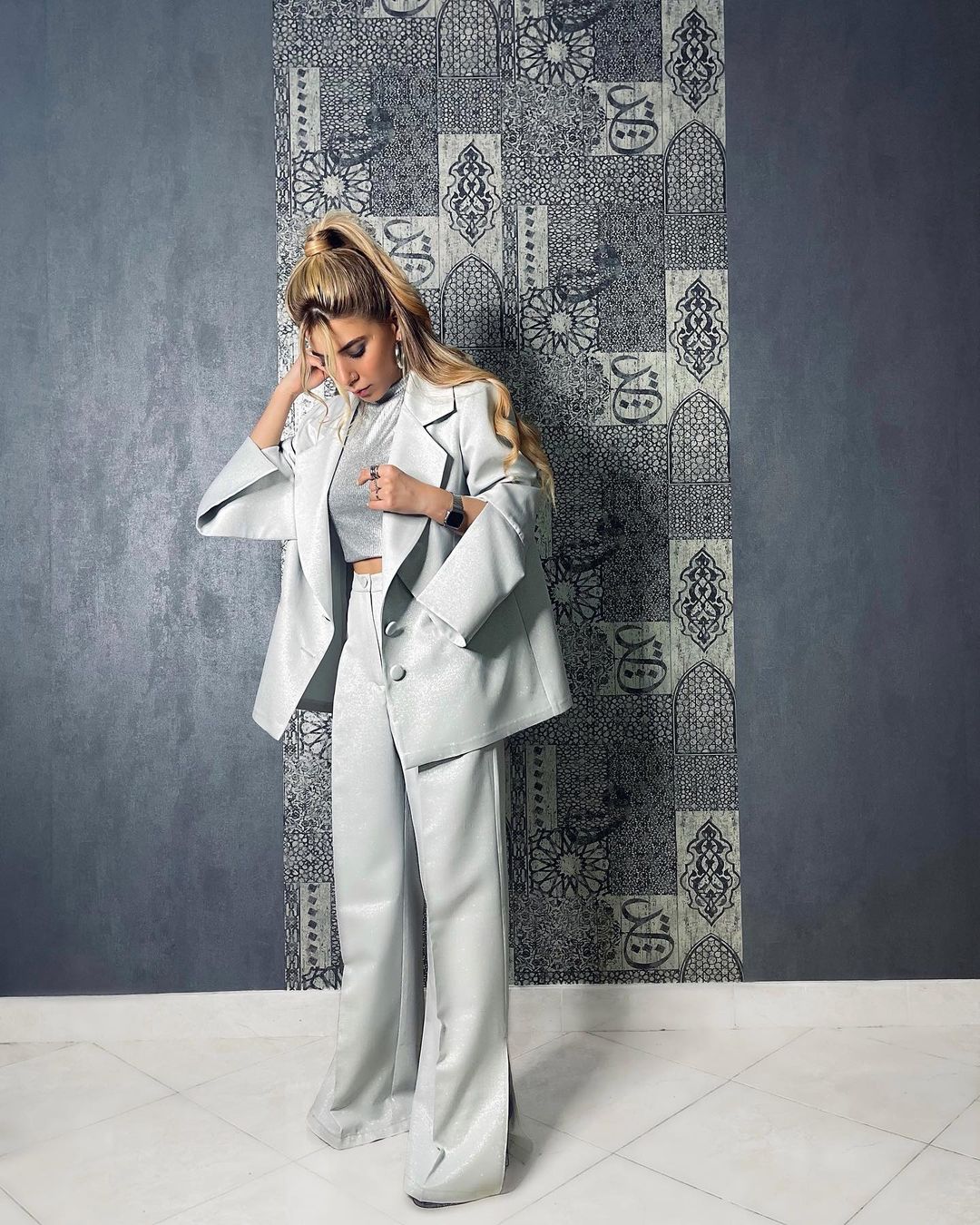 Leisure Women Blazer Suits Loose Leg Power Style Evening Gowns Sweep Trai Pants Set 2 Pieces
