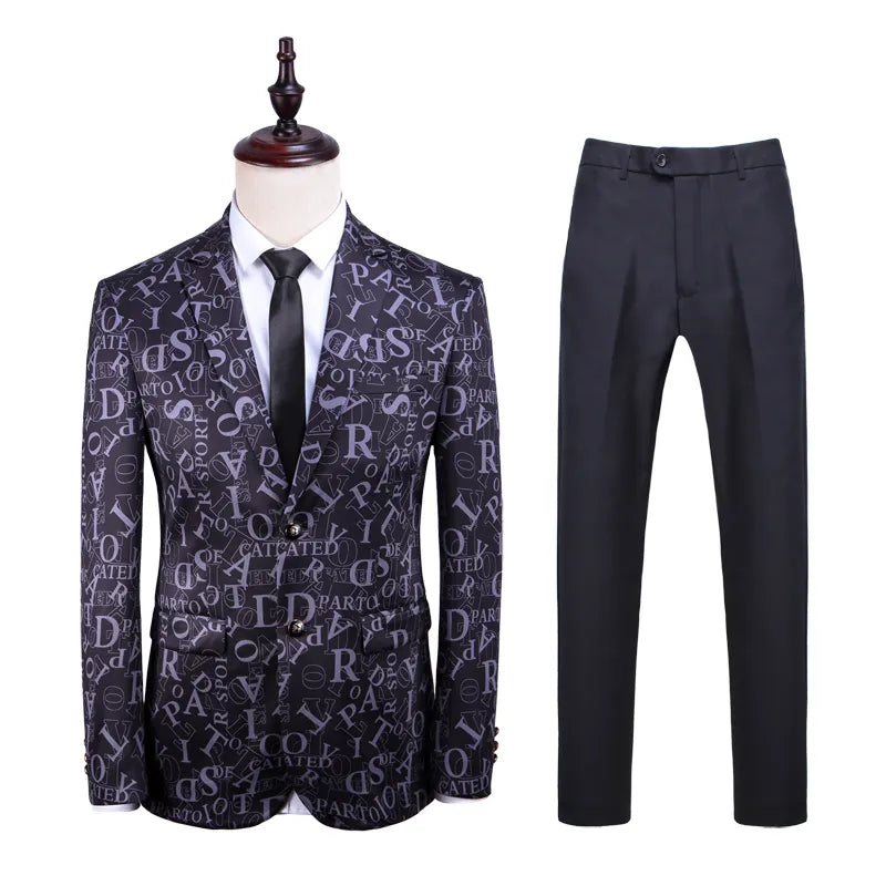 Fashion Letter pattern print Men Suit Casual 2 peiece set Best man Tuxedo Groom Wedding dress Men Suits Slim Fit suit Clothing