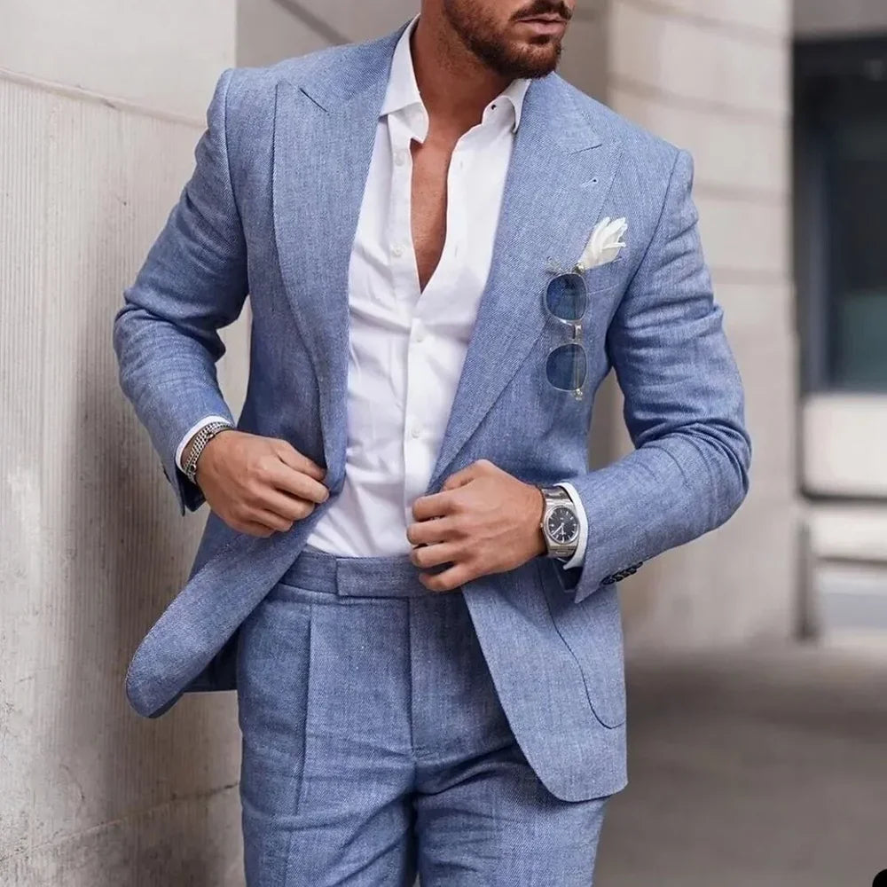 Men's Light Blue Linen Suit Two Piece Set Blazer and Trousers