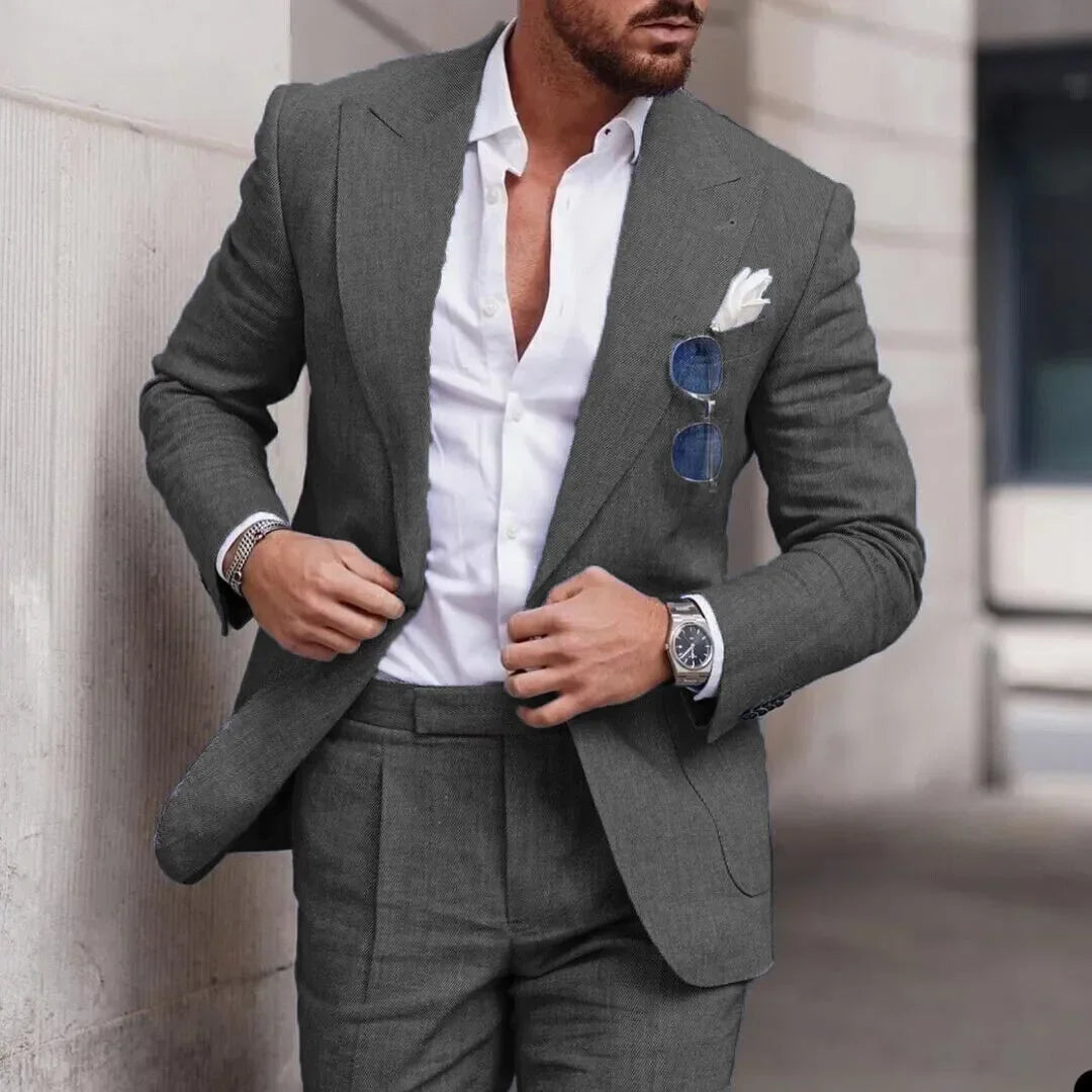 Men's Light Blue Linen Suit Two Piece Set Blazer and Trousers