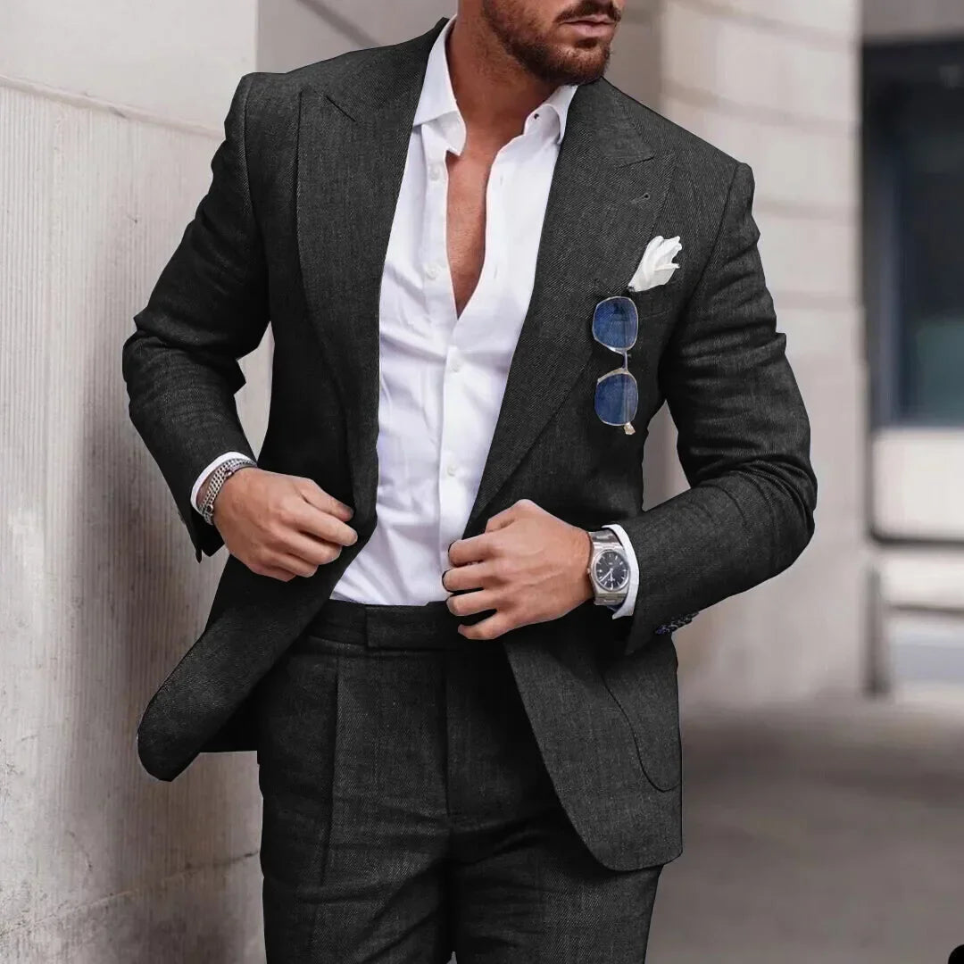 Men's Light Blue Linen Suit Two Piece Set Blazer and Trousers