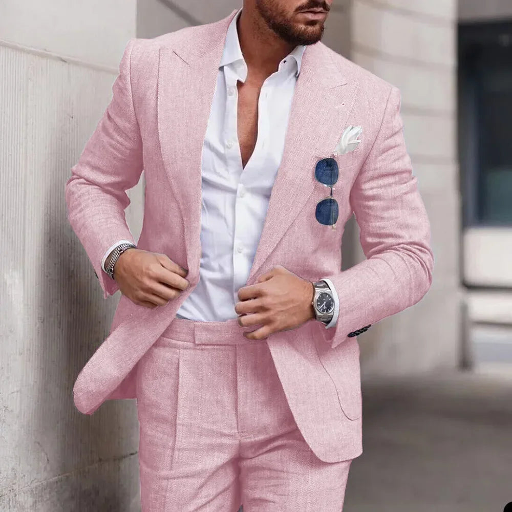 Men's Light Blue Linen Suit Two Piece Set Blazer and Trousers