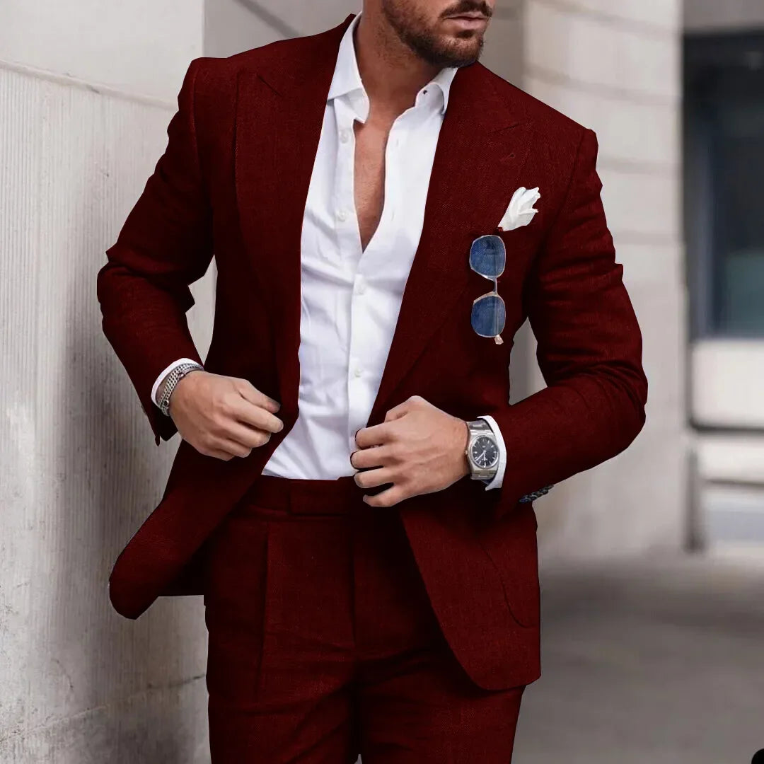 Men's Light Blue Linen Suit Two Piece Set Blazer and Trousers