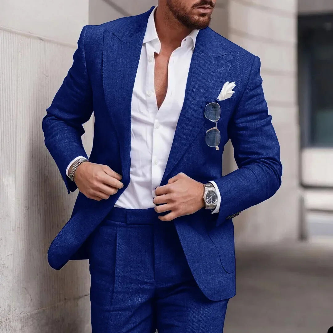 Men's Light Blue Linen Suit Two Piece Set Blazer and Trousers