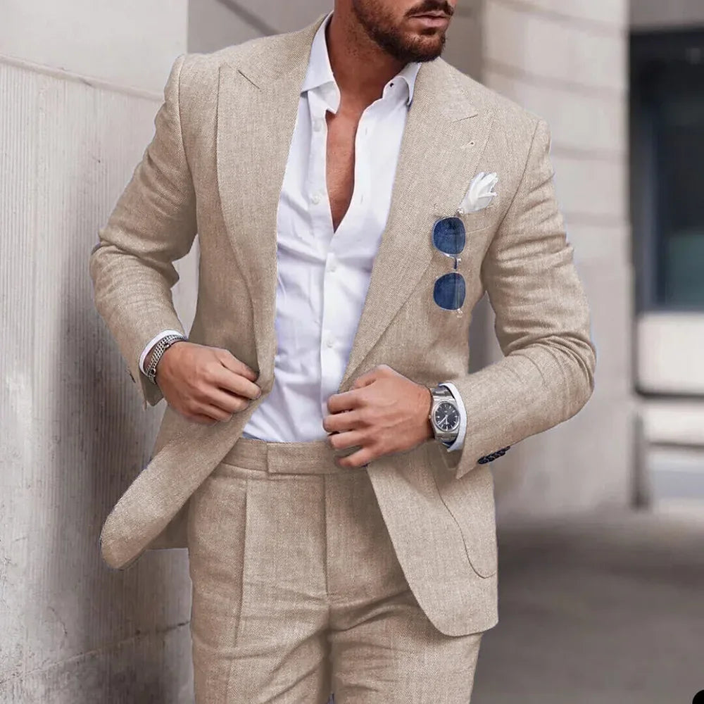 Men's Light Blue Linen Suit Two Piece Set Blazer and Trousers
