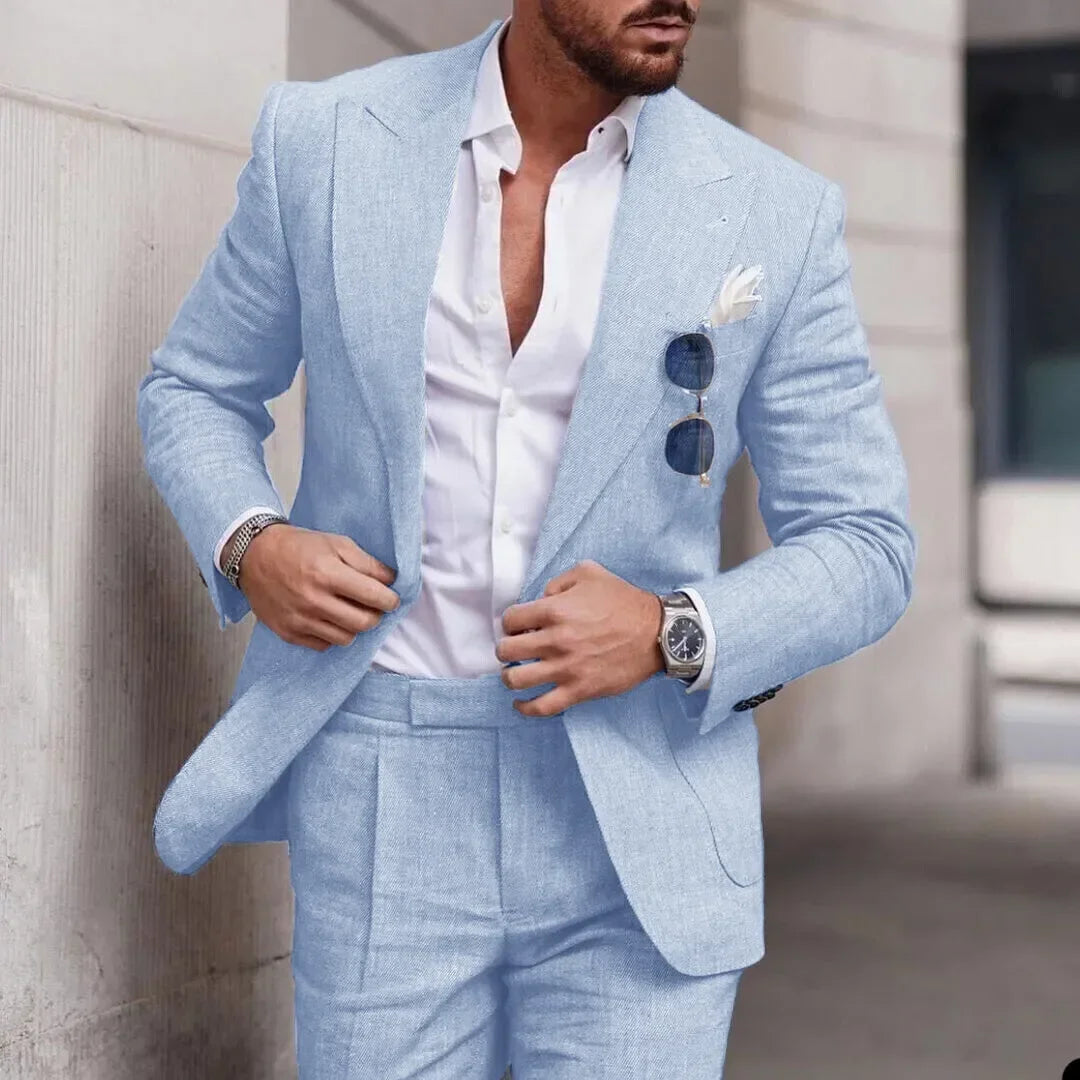 Men's Light Blue Linen Suit Two Piece Set Blazer and Trousers
