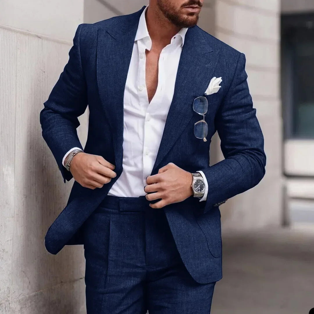 Men's Light Blue Linen Suit Two Piece Set Blazer and Trousers