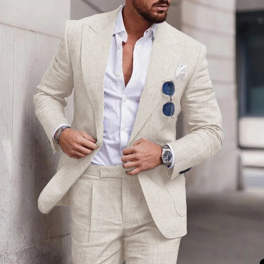 Men's Light Blue Linen Suit Two Piece Set Blazer and Trousers