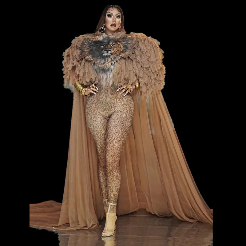 Majestic Lion Queen Jumpsuit with Flowing Mesh Cloak for Stunning Dance and Cosplay Performances