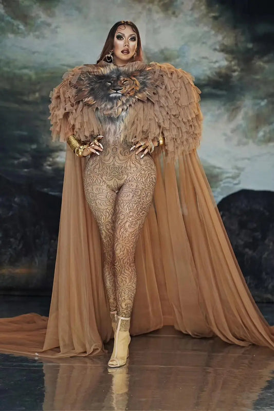 Majestic Lion Queen Jumpsuit with Flowing Mesh Cloak for Stunning Dance and Cosplay Performances