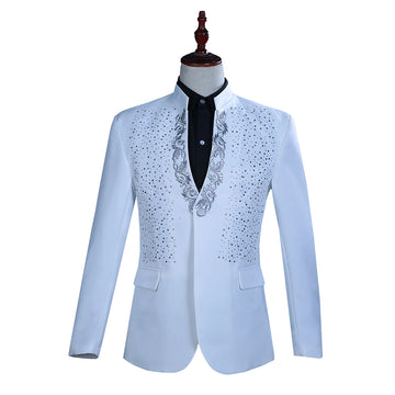 Traje de dos piezas con cuello alto negro y bordado rojo para hombre, chaqueta blanca con cuentas, traje de fiesta