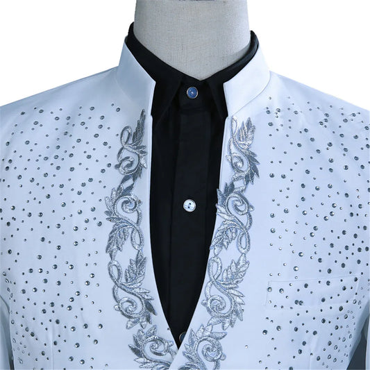 Traje de dos piezas con cuello alto negro y bordado rojo para hombre, chaqueta blanca con cuentas, traje de fiesta