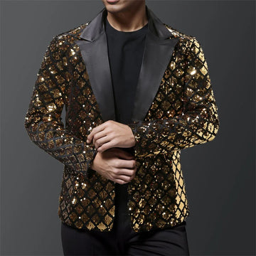 Fashion Men Luxurious Sequin Plaid Suit Jacket Gold / Silver Singer Host Stage Party Loose Dress Blazer Coats
