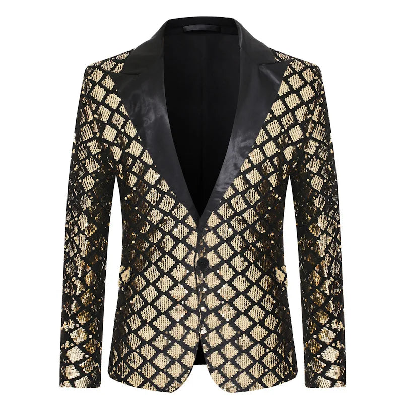 Fashion Men Luxurious Sequin Plaid Suit Jacket Gold / Silver Singer Host Stage Party Loose Dress Blazer Coats