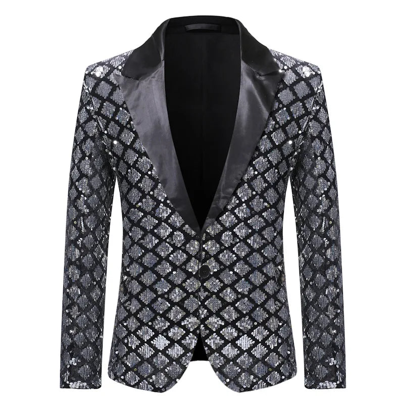 Fashion Men Luxurious Sequin Plaid Suit Jacket Gold / Silver Singer Host Stage Party Loose Dress Blazer Coats