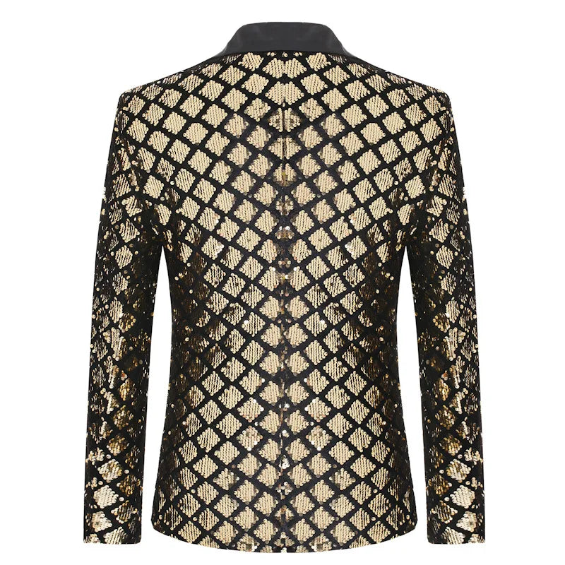 Fashion Men Luxurious Sequin Plaid Suit Jacket Gold / Silver Singer Host Stage Party Loose Dress Blazer Coats