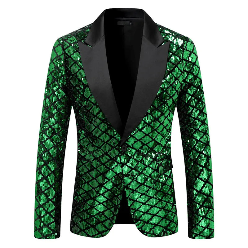Fashion Men Luxurious Sequin Plaid Suit Jacket Gold / Silver Singer Host Stage Party Loose Dress Blazer Coats