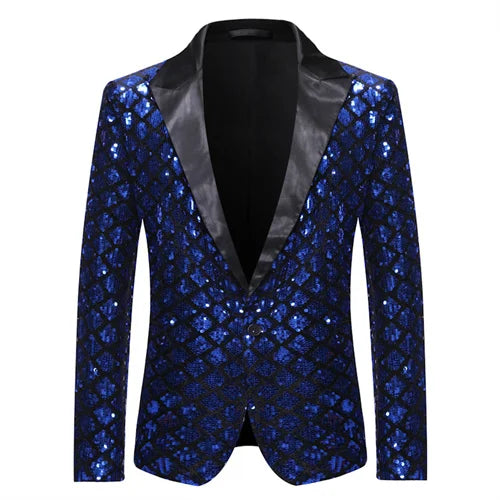 Fashion Men Luxurious Sequin Plaid Suit Jacket Gold / Silver Singer Host Stage Party Loose Dress Blazer Coats