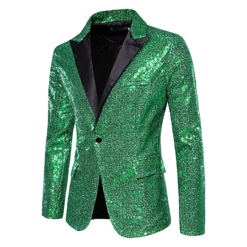 Veste de costume luxueuse à paillettes pour homme, verte/argentée, pour bar, karaoké, scène 