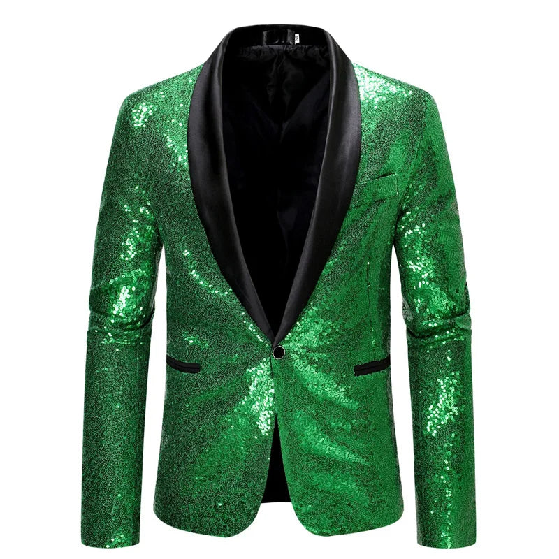 Veste de costume luxueuse à paillettes pour homme, verte/argentée, pour bar, karaoké, scène 