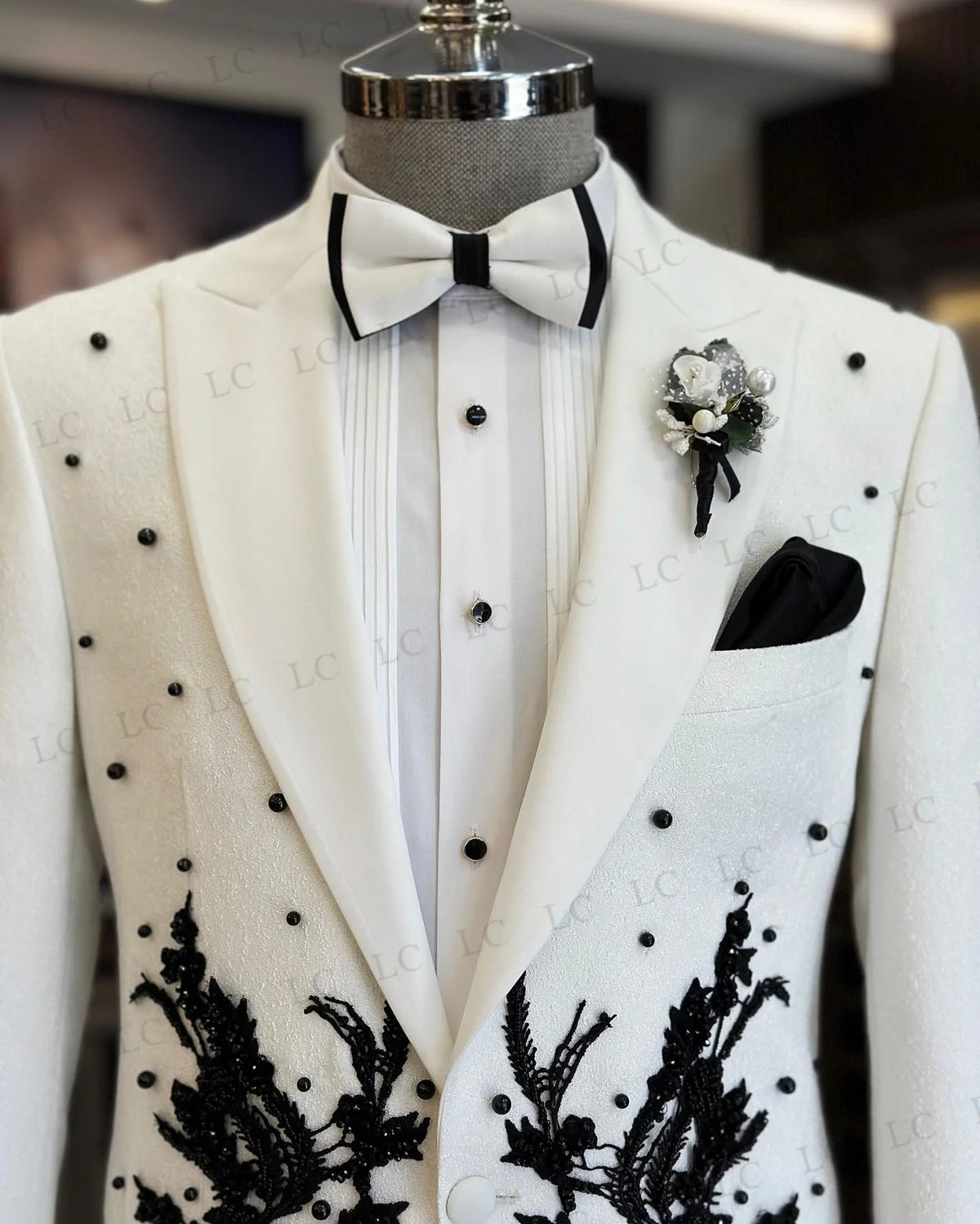 Costume 2 pièces pour homme, veste, pantalon, perles, un bouton, smoking de bal, de cérémonie, de mariage, grande taille, sur mesure