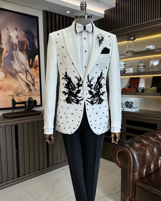 Trajes de moda para hombre, 2 piezas, apliques, blazer, pantalones, cuentas, un botón, esmoquin formal para graduación, boda, novio, talla grande, a medida