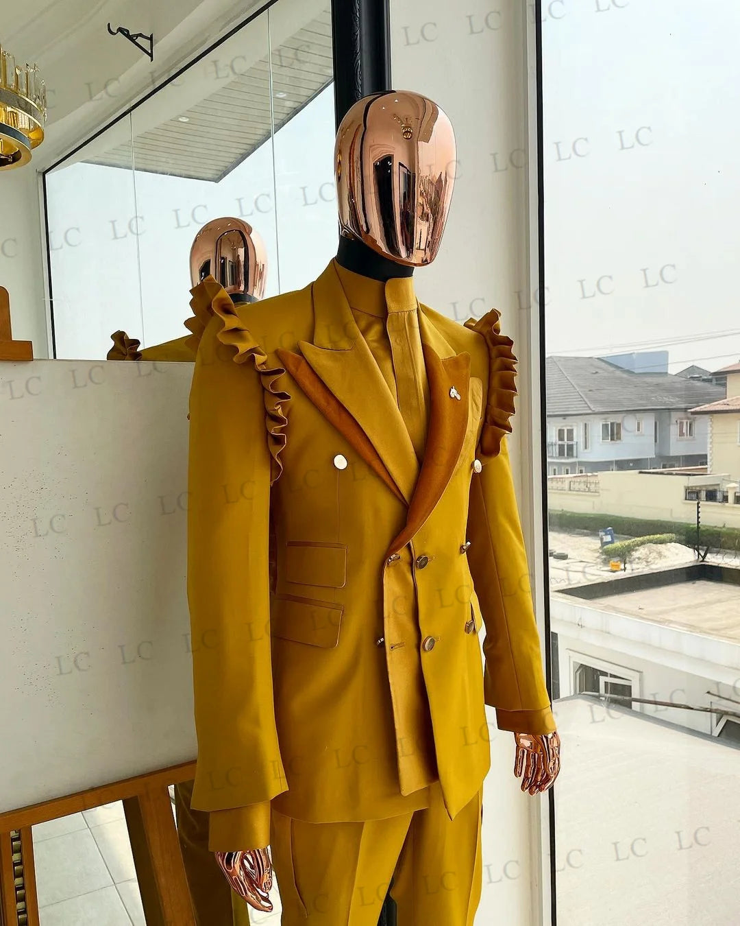 Men's Mustard Double-Breasted Suit with Ruffle Shoulder Detail and Matching Trousers